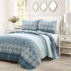 California King Lightweight 3 Piece Reversible Botanical Blue Damask Quilt Set