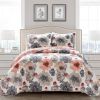 Full/Queen Coral Grey Flowers Lightweight Polyester Microfiber Quilt Set