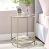 Modern Glass Top Round Metal End Table Nightstand with Bottom Shelf in Gold