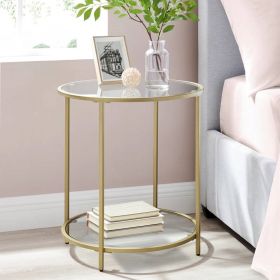 Modern Glass Top Round Metal End Table Nightstand with Bottom Shelf in Gold