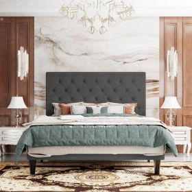 Queen Size Adjustable Height Grey Linen Upholstered Platform Bed with Headboard