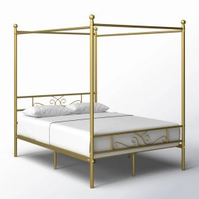 Full size French Country Four Poster Metal Canopy Bed in Gold Finish