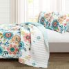 Full/Queen Lightweight Floral Teal Blue Pink White 3-Piece Polyester Quilt Set