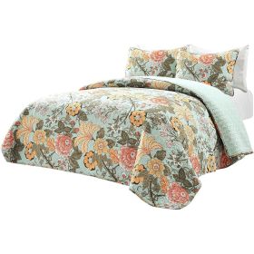 Full/Queen 3 Piece Farmhouse Teal Blue Floral Cotton Reversible Quilt Set