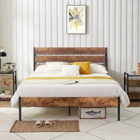 Full Industrial Platform Bed Frame with Brown Wood Slatted Headboard Footboard