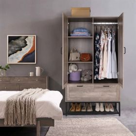 Modern 2-Door Bedroom Wardrobe Cabinet Armoire Shoe Rack in Retro Grey Finish