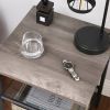 Modern Industrial Side Table Nightstand in Black Metal with Grey Beige Wood Top