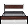 King Metal Platform Bed Frame with Mahogany Wood Panel Headboard Footboard