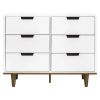 Modern Mid-Century Style 6-Drawer Double Dresser in White Walnut Wood Finish