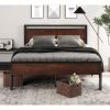 Queen Metal Platform Bed Frame with Mahogany Wood Panel Headboard Footboard