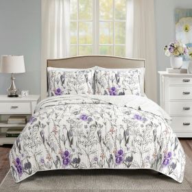 King Size Lightweight Purple Grey White Floral Quilt Set