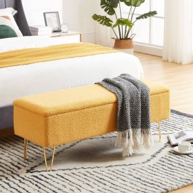 Yellow Sherpa Fabric Upholstered End of Bed Storage Bench with Gold Finish Legs