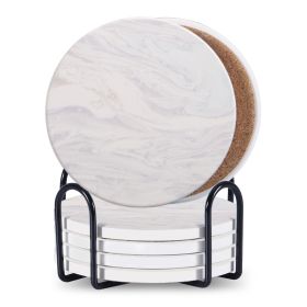 Set Of 6 Beverage Coasters With Stand Round 4in Ceramic Coaster With Metal Stand Absorbent Marble Stone Coaster With Cork Base (Option: 02Style)