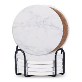 Set Of 6 Beverage Coasters With Stand Round 4in Ceramic Coaster With Metal Stand Absorbent Marble Stone Coaster With Cork Base (Option: 05Style)